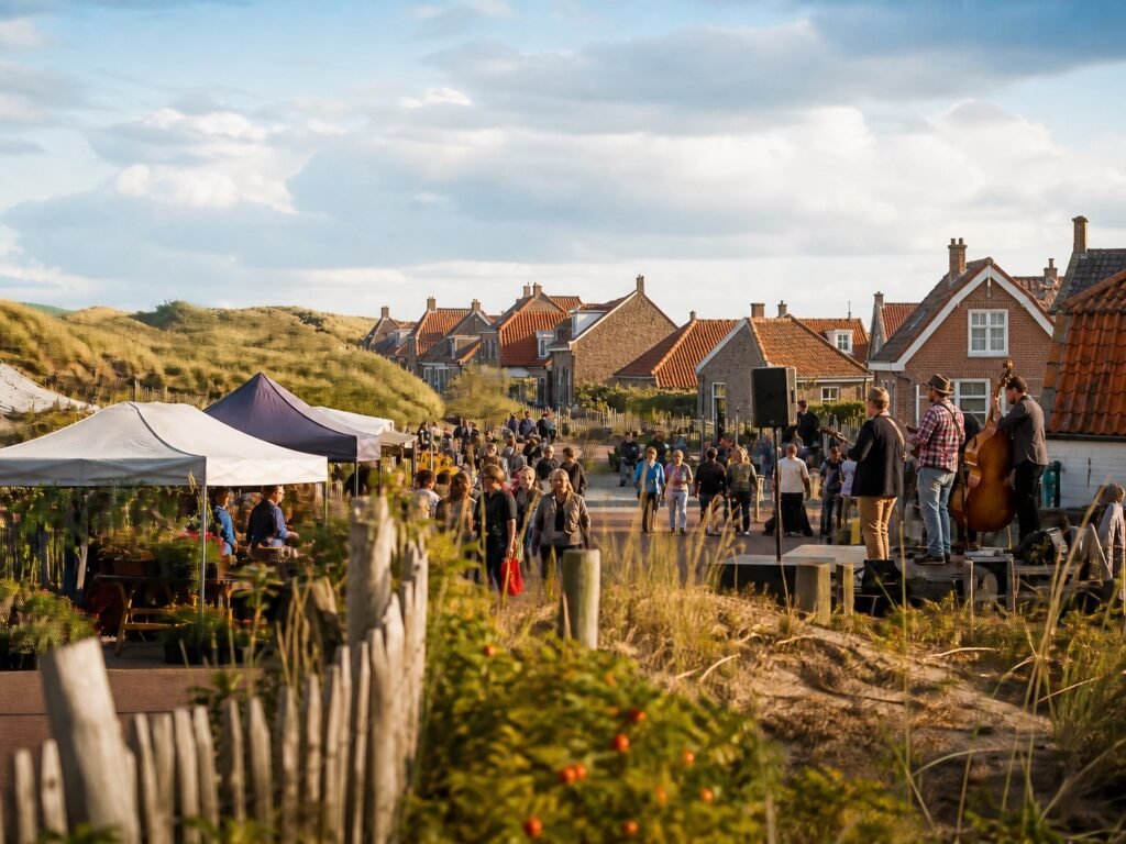 Lokale markt en muziek in een kustdorp in september