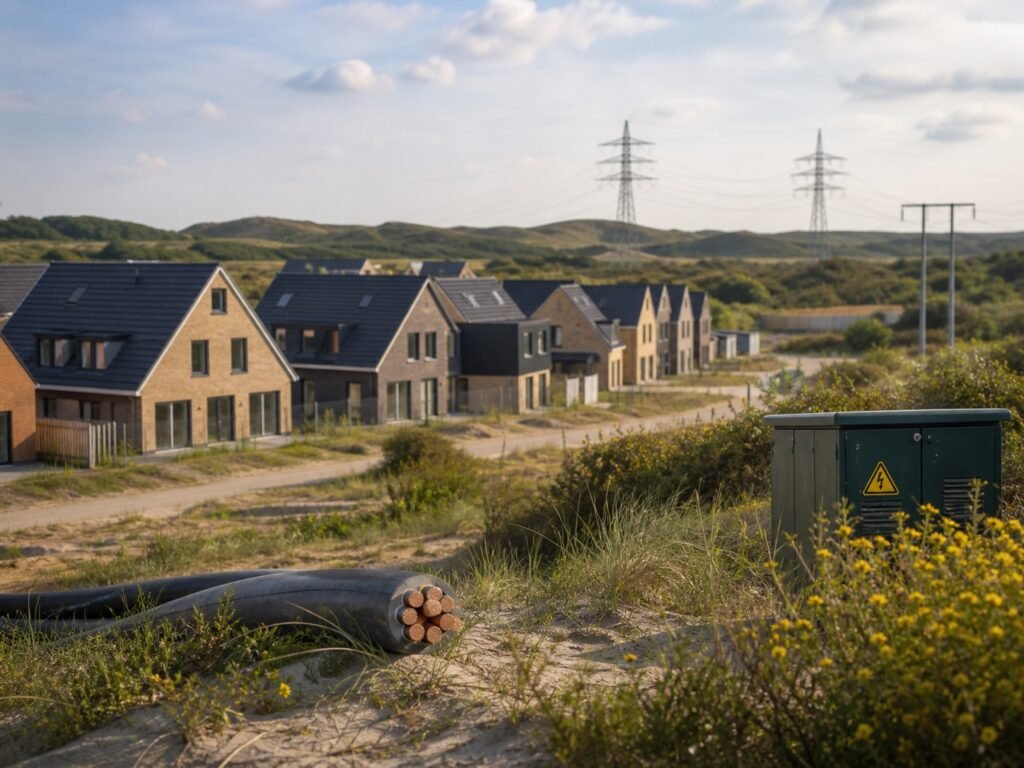 Nieuwbouwwoningen bij duinen en elektriciteitsinfrastructuur