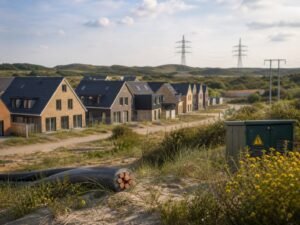 Nieuwbouwwoningen bij duinen en elektriciteitsinfrastructuur