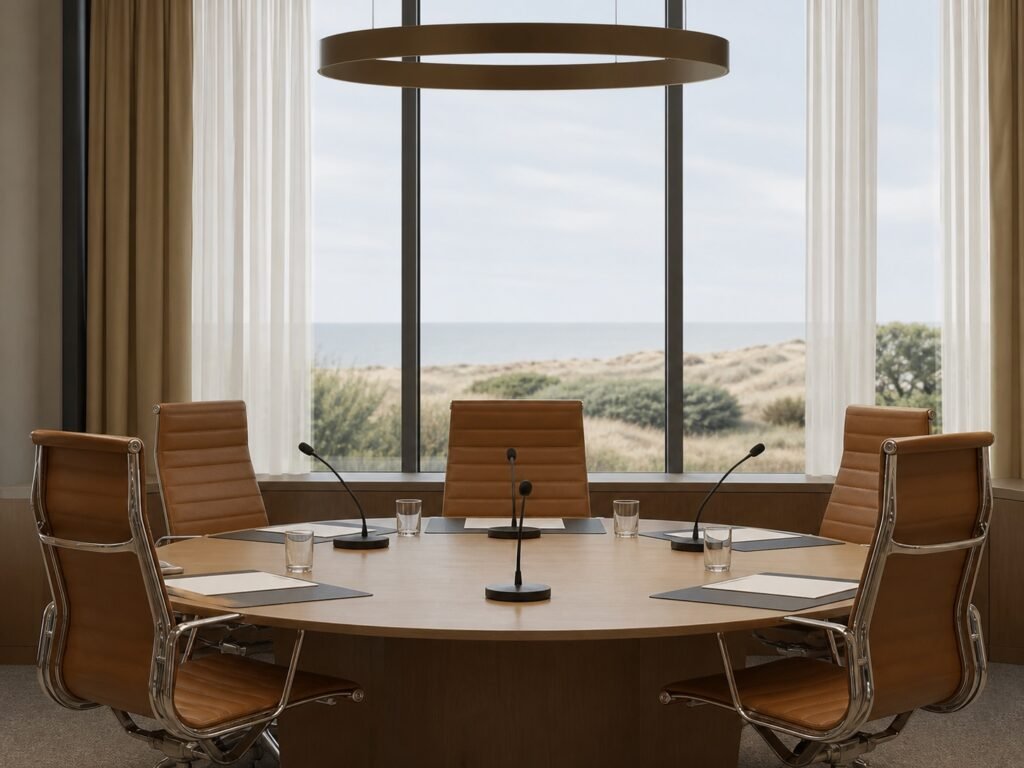 Gemeentelijke vergaderruimte met lege stoelen en uitzicht op de duinen