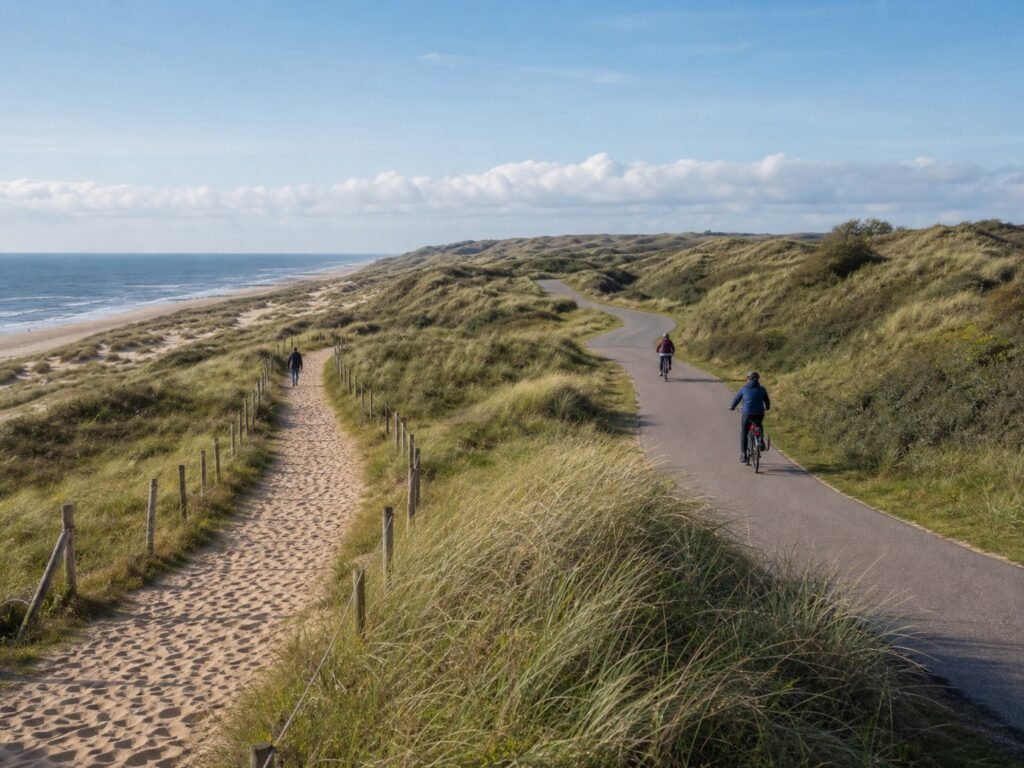 Wandelpad en fietspad door de duinen langs de Noordzee