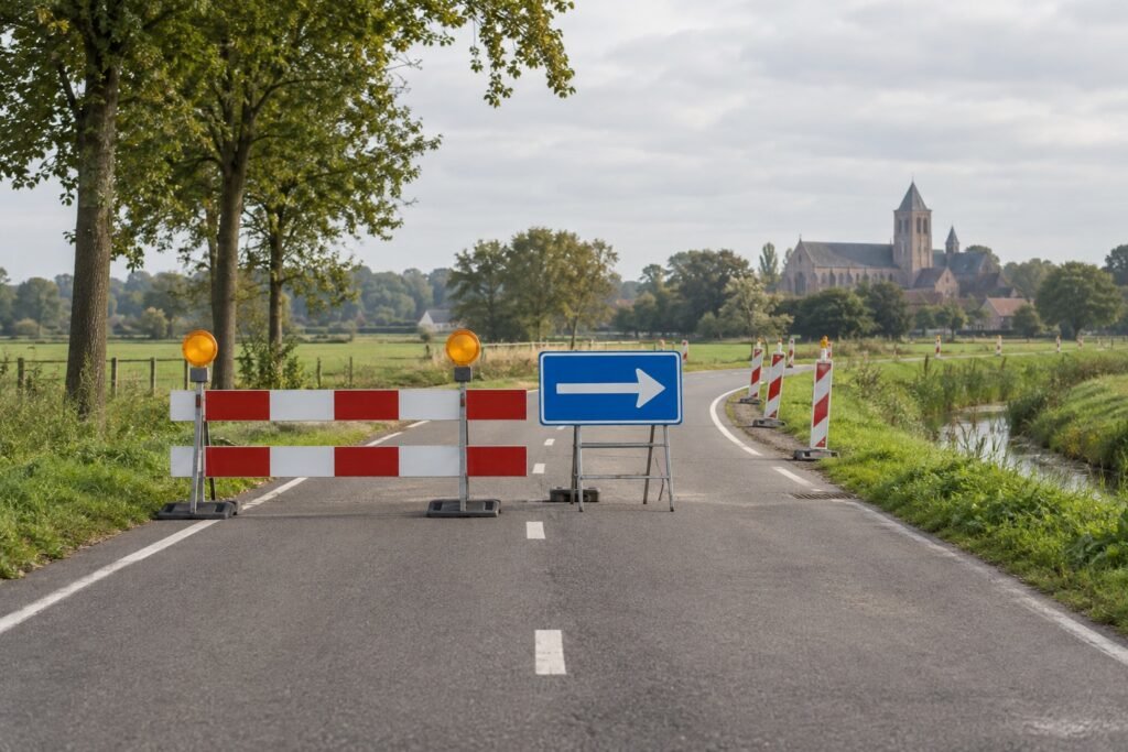 Tijdelijke wegafzetting en omleidingspijl op een landelijke weg