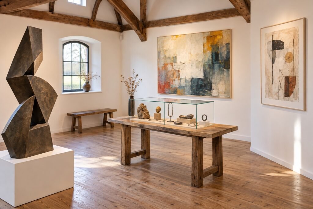 Galerieruimte met abstracte kunst, sculptuur en kleine objecten in vitrines
