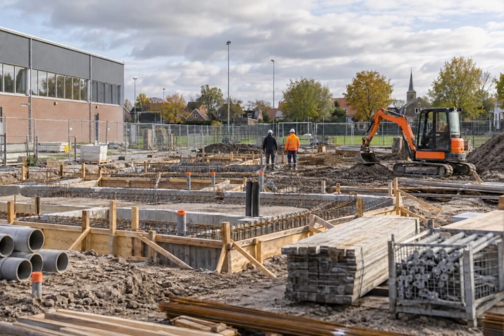 Bouwplaats met funderingen en bouwmateriaal naast een sporthal in een dorp