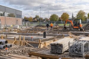 Bouwplaats met funderingen en bouwmateriaal naast een sporthal in een dorp
