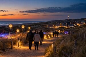 Wandelaars volgen bij schemering een verlicht pad door de kustduinen