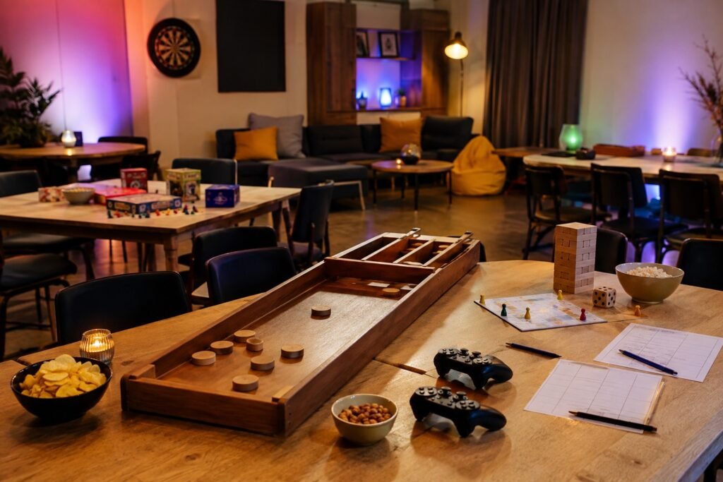 Tafels met sjoelbak, bordspellen en spelcontrollers voor een gezellige Game Night