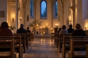 Kleine groep volwassenen zit in stilte in een sfeervol verlichte kerk