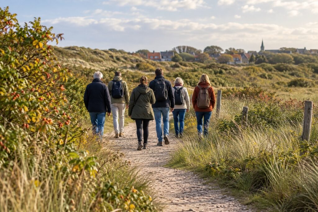 Kleine groep volwassenen wandelt samen over een groen pad in de vroege herfst