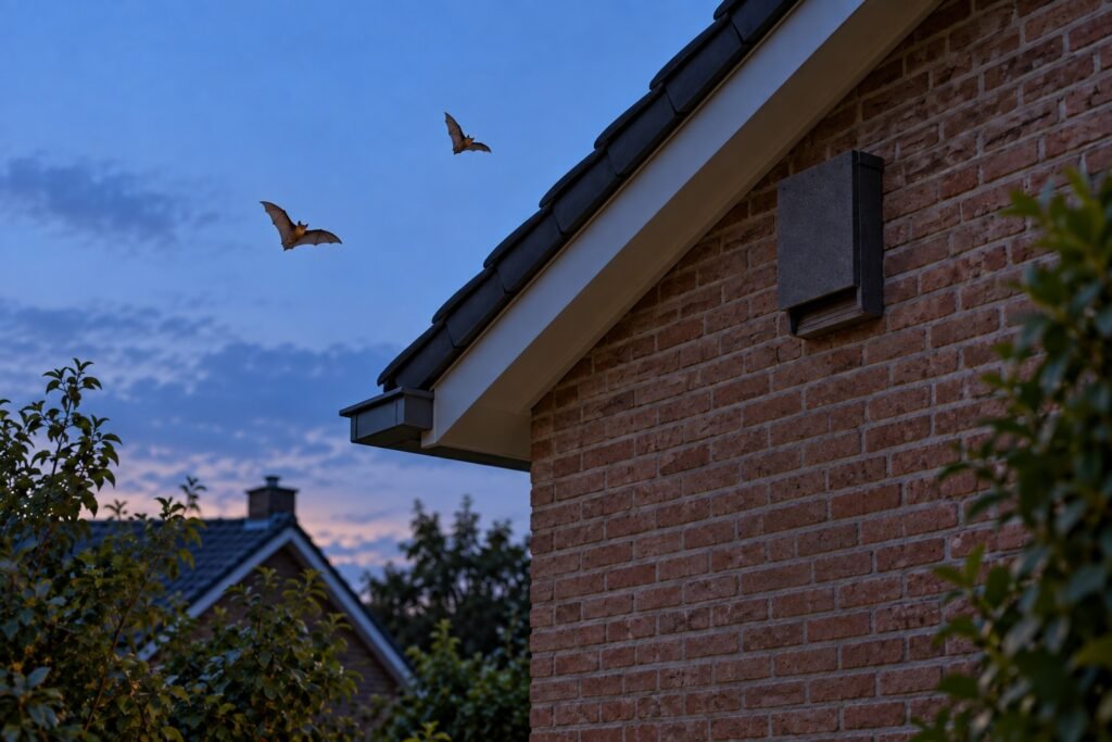 Vleermuiskast hoog aan een bakstenen woninggevel bij schemering