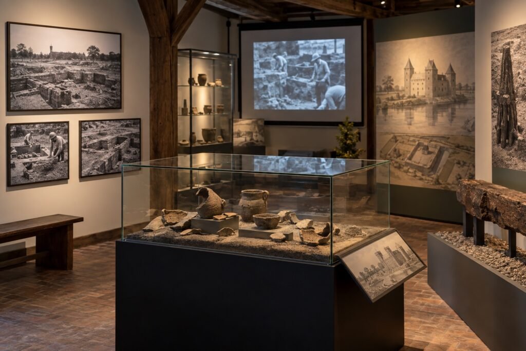 Redactionele illustratie van een tentoonstelling met opgravingsfoto's en archeologische objecten