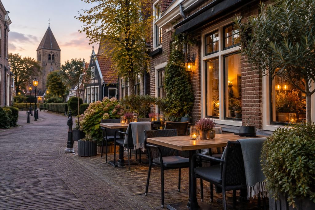 Sfeerillustratie van een rustig terras in een historisch Noord-Hollands dorp