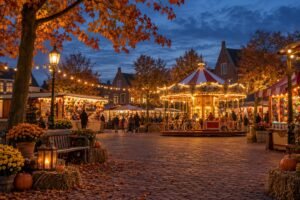 Sfeervolle kleine dorpskermis met draaimolen en lichtjes in de herfst