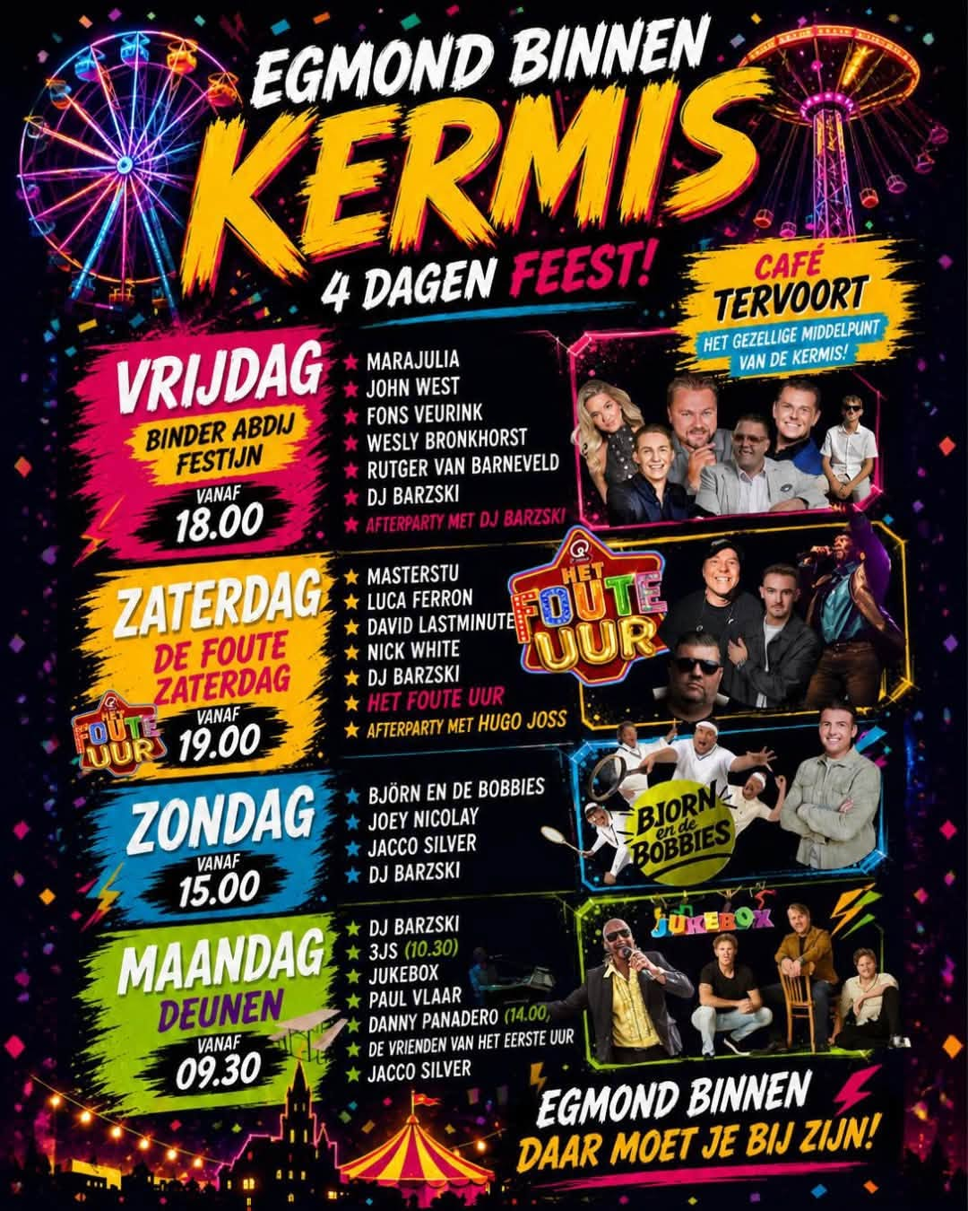 Poster met het vierdaagse programma van Kermis Egmond-Binnen bij Café Tervoort