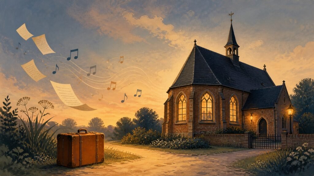 Sfeerillustratie met een kapel, reiskoffer, bladmuziek en poëziepagina’s