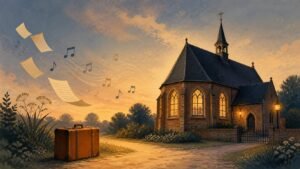 Sfeerillustratie met een kapel, reiskoffer, bladmuziek en poëziepagina’s
