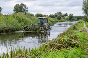 Maaimachine verwijdert waterplanten uit een brede sloot