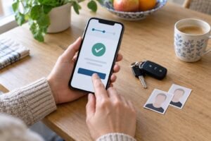 Handen met een smartphone, autosleutels en pasfoto's op tafel