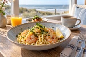 Pasta met gamba's, jus en koffie op een restauranttafel bij de kust