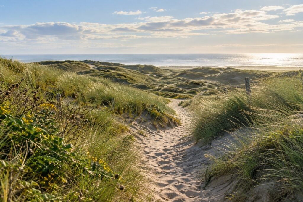 Rustig zandpad door groene kustduinen met uitzicht op de Noordzee