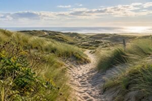 Rustig zandpad door groene kustduinen met uitzicht op de Noordzee