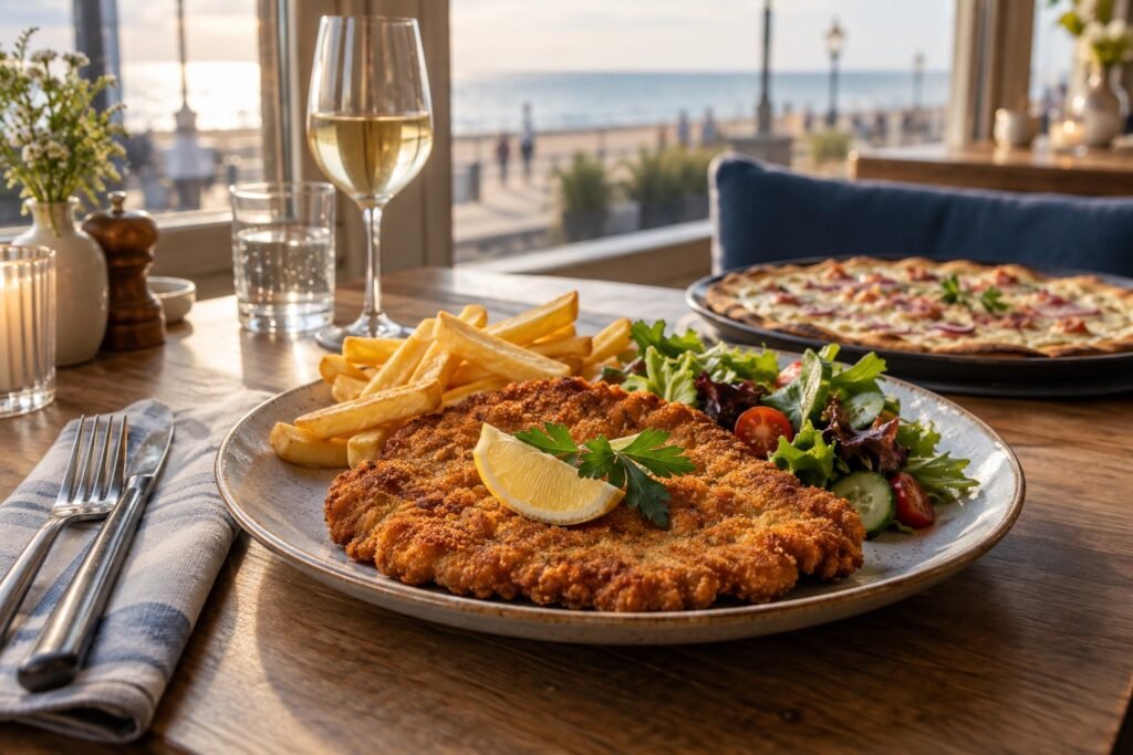 Schnitzel met friet en salade op een restauranttafel bij de kust