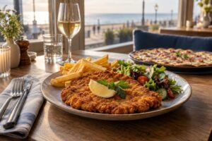 Schnitzel met friet en salade op een restauranttafel bij de kust