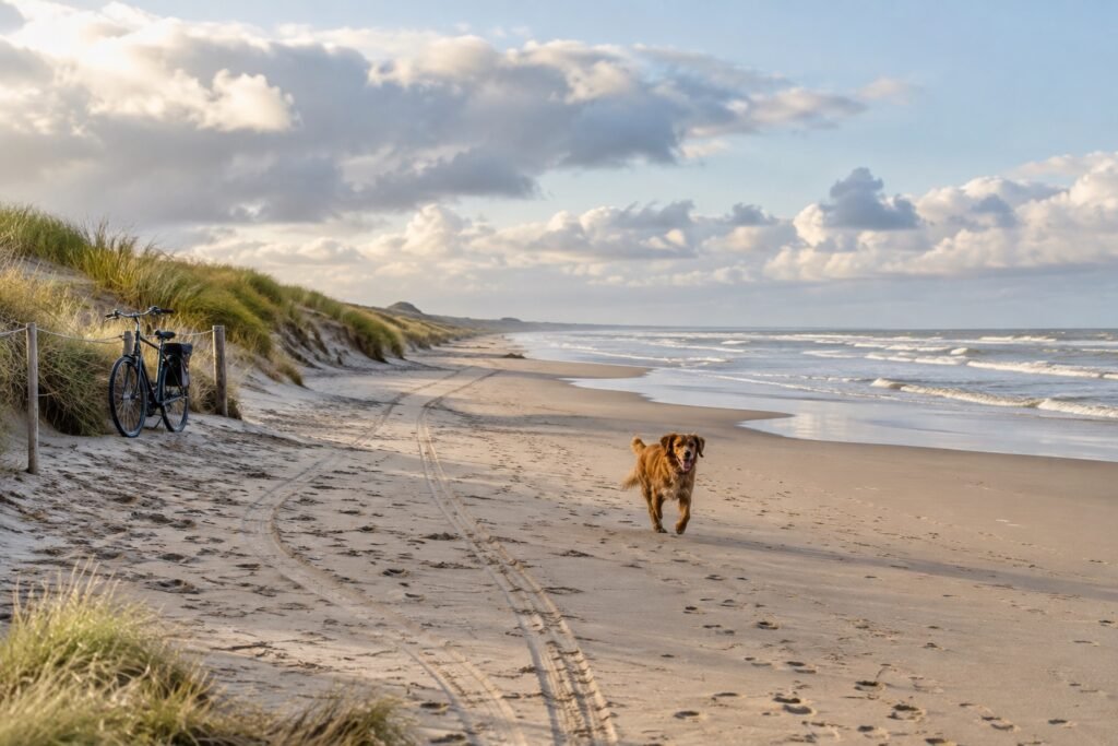 Hond op een rustig herfststrand met fiets en fietssporen langs de duinen
