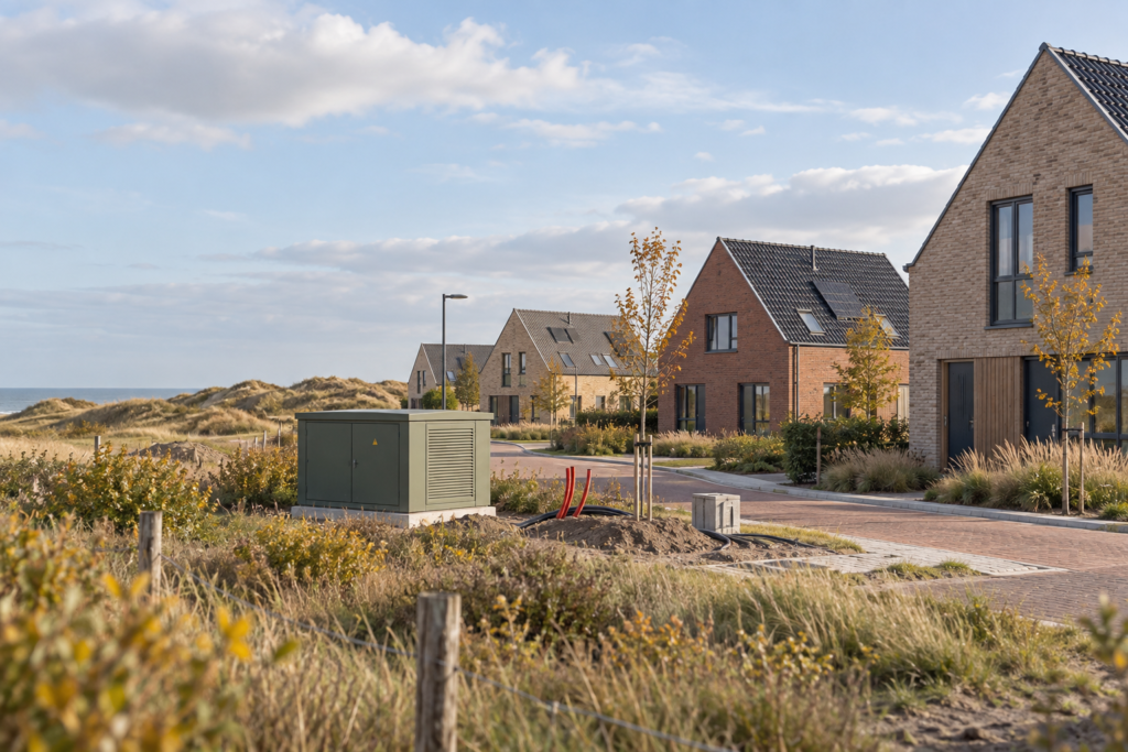Nieuwe woningen bij de duinen met een transformatorhuisje voor het elektriciteitsnet