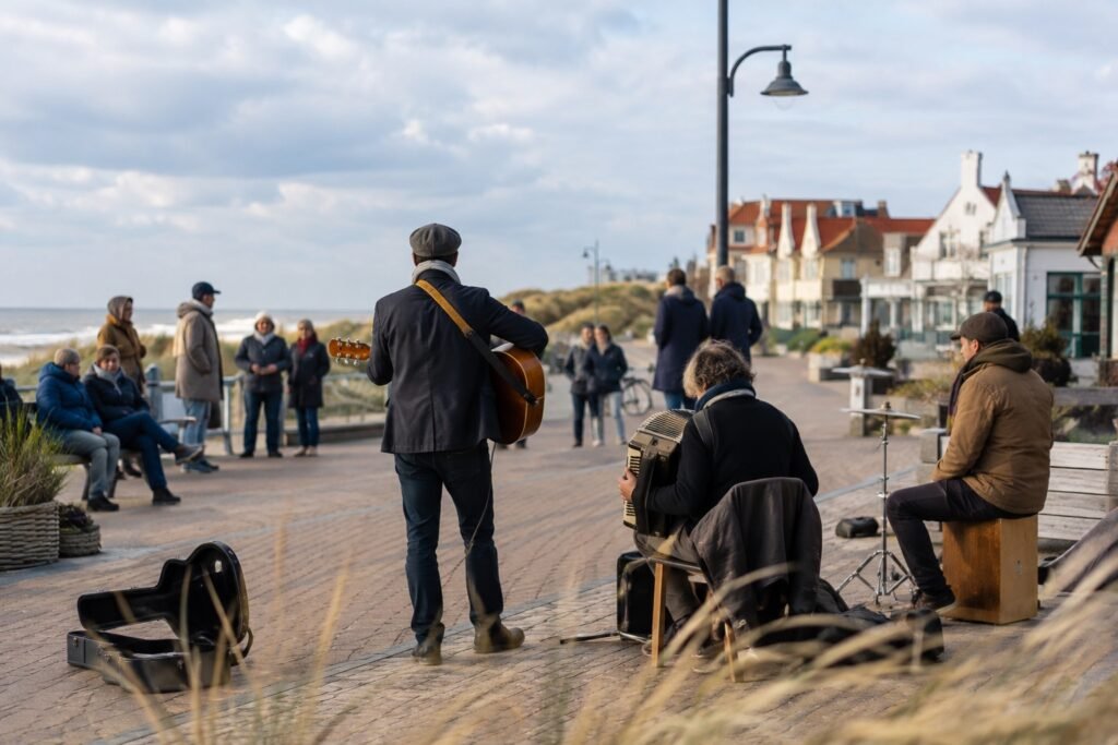 Straatmuzikanten spelen gitaar, accordeon en percussie bij de kust van Egmond aan Zee