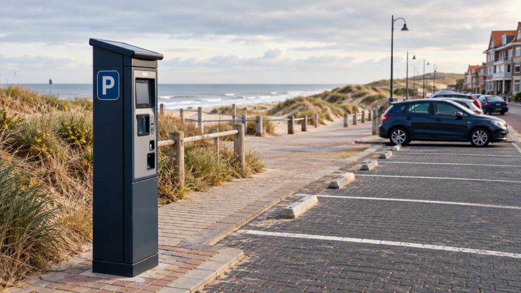 Parkeerautomaat en parkeervakken bij duinen en zee op een rustige herfstdag