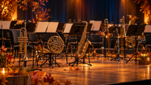 Fanfare-instrumenten en lege muzieklessenaars op een sfeervol verlicht herfstpodium