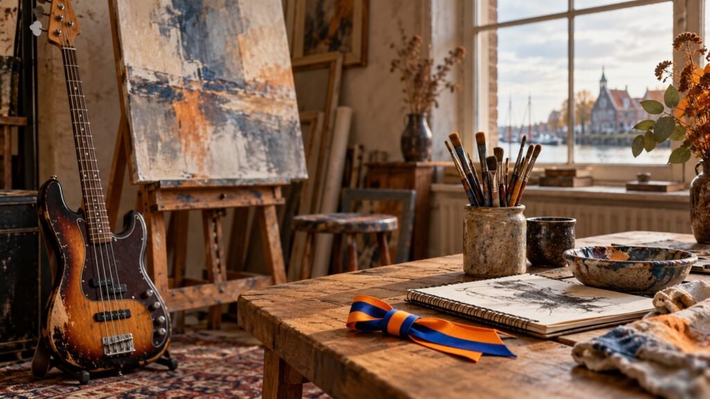 Basgitaar naast een schildersezel en penselen in een warm verlicht atelier