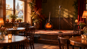 Leeg cafépodium met akoestische gitaar en microfoon in warm herfstlicht