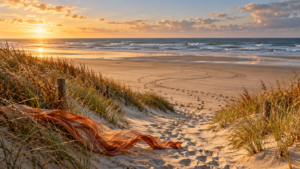 Herfstige duinopgang naar het strand met voetsporen en sierlijke lijnen in het zand