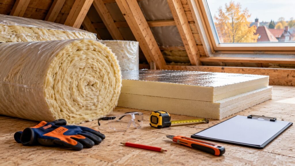 Isolatiemateriaal, werkhandschoenen en meetgereedschap op een houten zolder