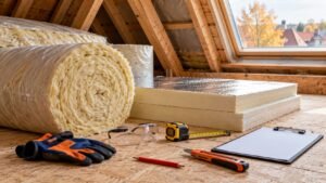 Isolatiemateriaal, werkhandschoenen en meetgereedschap op een houten zolder