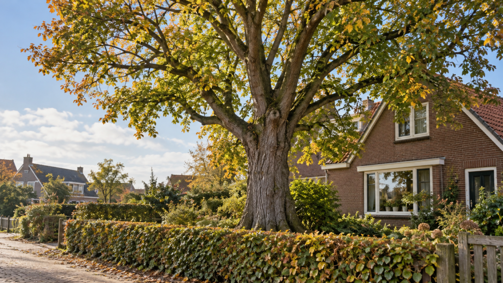 Oude gezonde boom in een voortuin, zichtbaar vanaf een voetpad in een Nederlands dorp