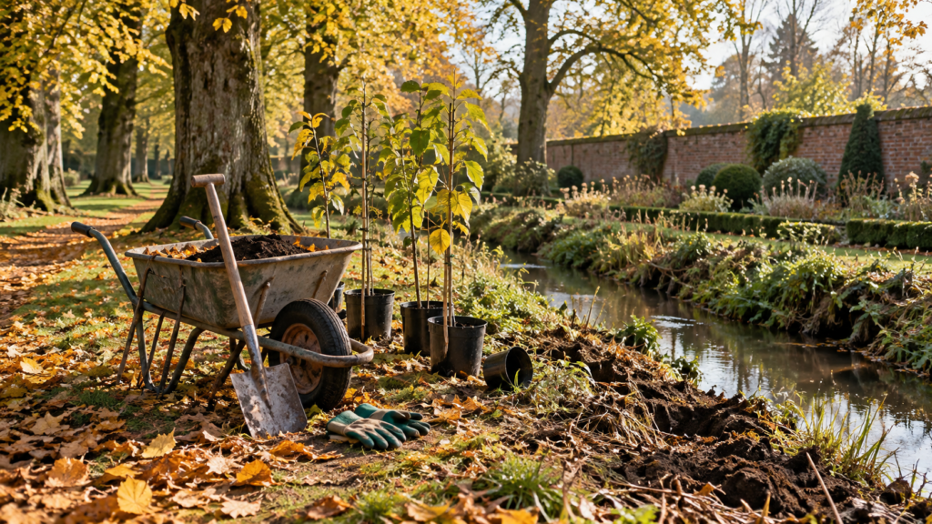 Kruiwagen, tuingereedschap en jonge lindebomen naast een beek in een herfsttuin
