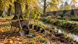 Kruiwagen, tuingereedschap en jonge lindebomen naast een beek in een herfsttuin