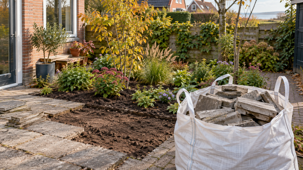 Bigbag met verwijderde tuintegels naast een nieuw aangelegde groene tuin