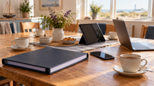 Koffietafel met kopjes, een liedmap, smartphone, tablet en laptop